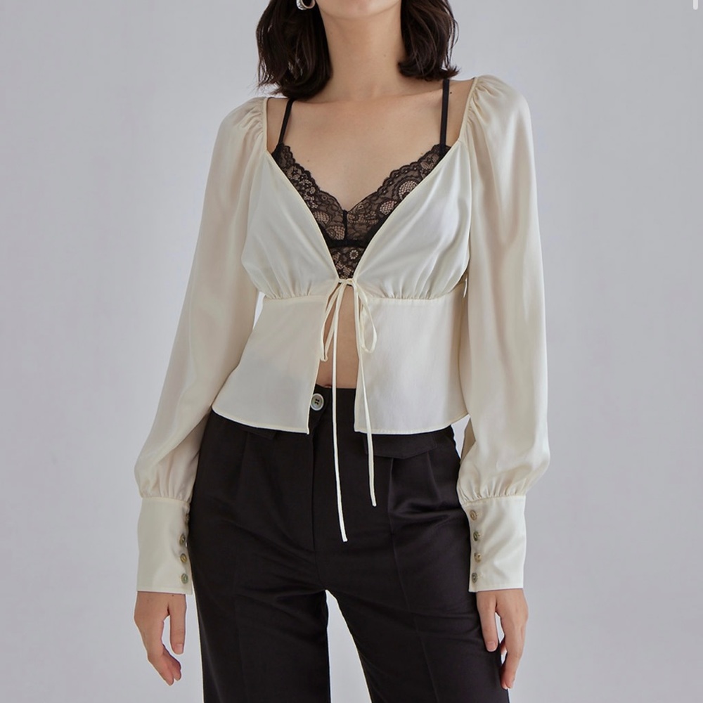 Silk Maison Gentle Pearl Long Sleeved Silk Top, Ivory 100% Mulberry Silk in XS